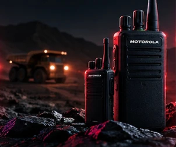 Radios Motorola portátiles junto a un camión minero