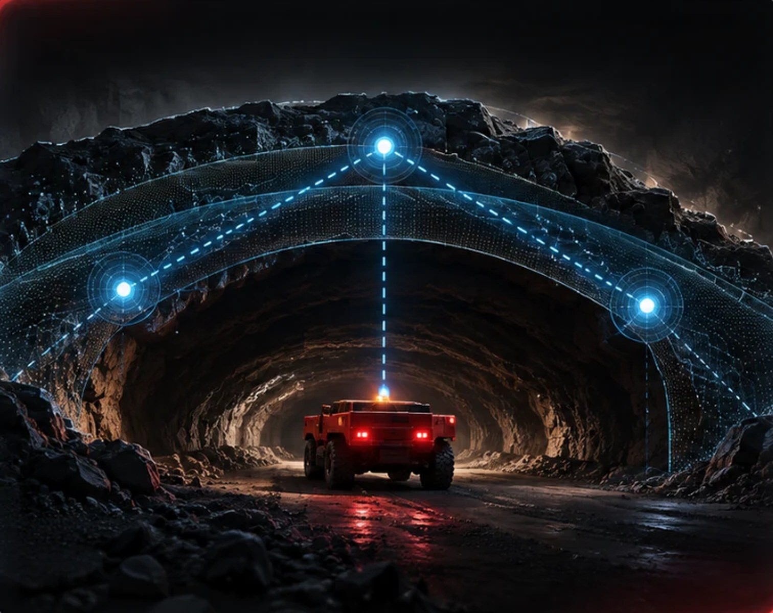 Túnel minero con nodos mesh conectados y un vehículo avanzando